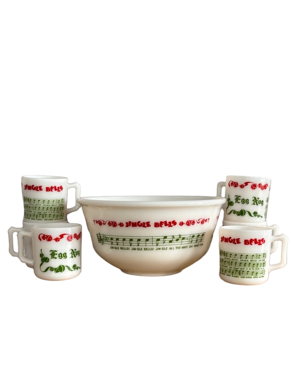 Vintage Hazel Atlas Holiday Milk Glass Punch Bowl with Mugs Jingle Bells Egg Nog